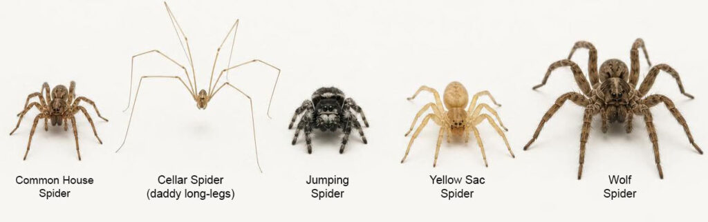 House, Cellar (daddy long-legs), jumping, yellow sac, and wolf spiders compared side by side