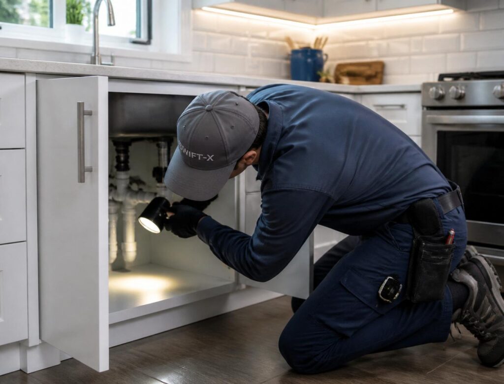 Swift-X Pest Control technician inspecting underneath a kitchen sink cabinet