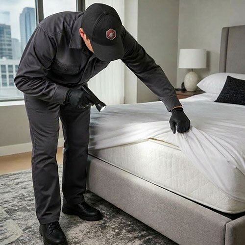 Swift-X technician inspecting a Toronto bedroom mattress and box spring with a flashlight