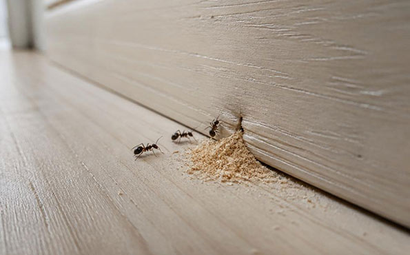 Carpenter ants around a baseboard, pushing out frass.