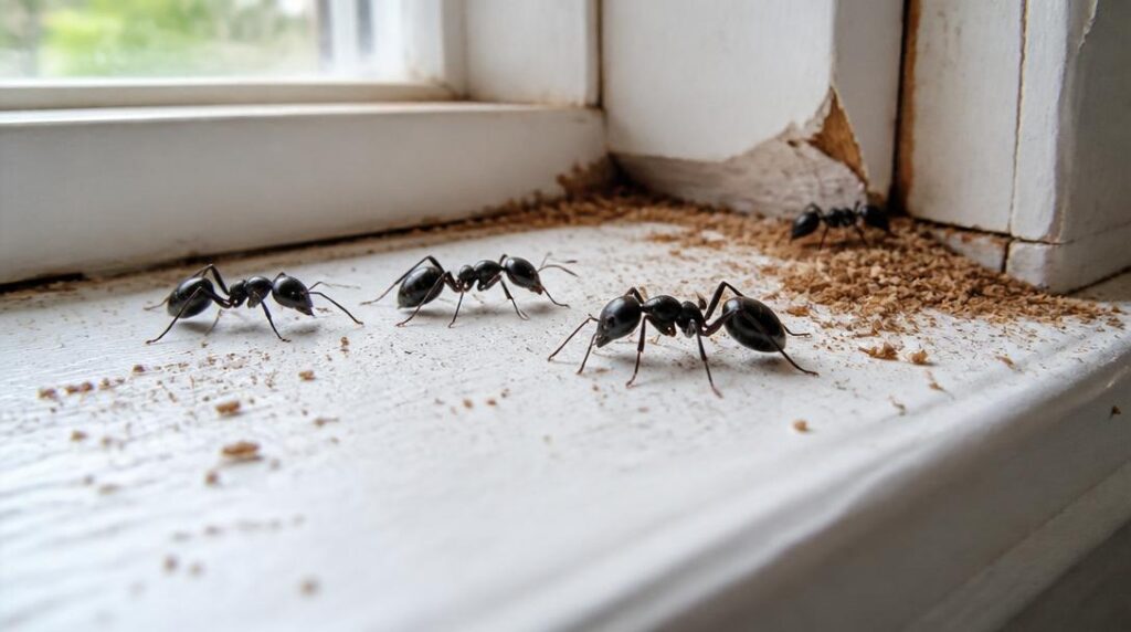 Carpenter ants on a window sill showing evidence of their destruction
