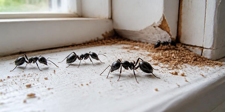 Carpenter ants on a window sill showing evidence of their destruction