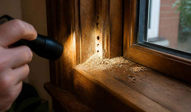 Carpenter ants wood shavings in window