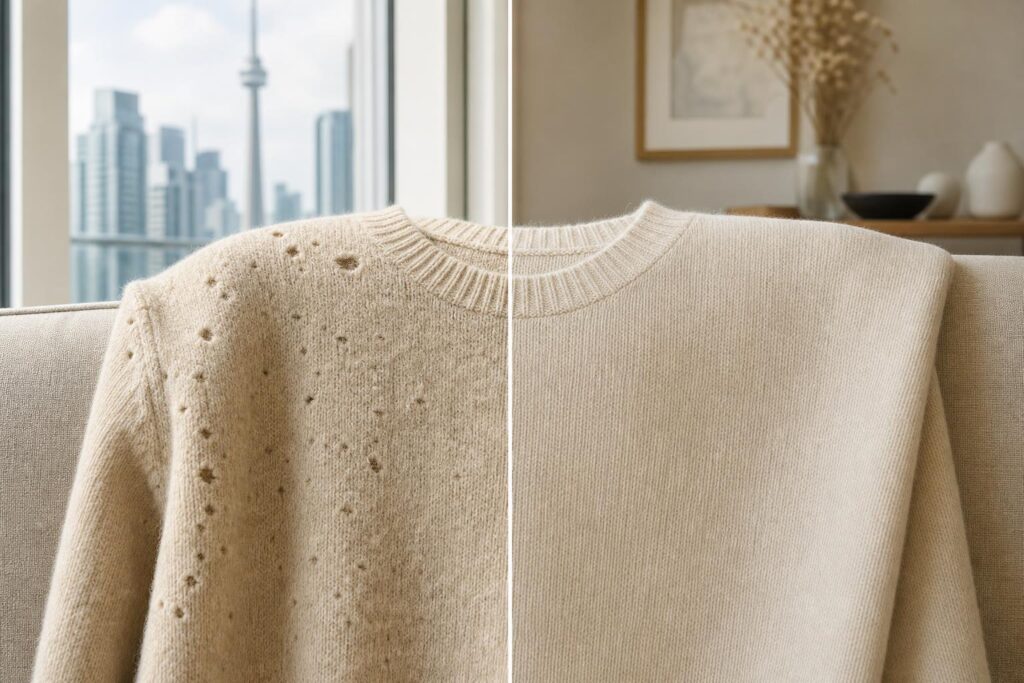 Side-by-side comparison of carpet beetle damage on wool fabric versus clean undamaged wool