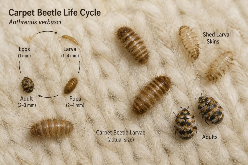 Carpet beetle life cycle showing eggs, larva, pupa and adult on a wool sweater