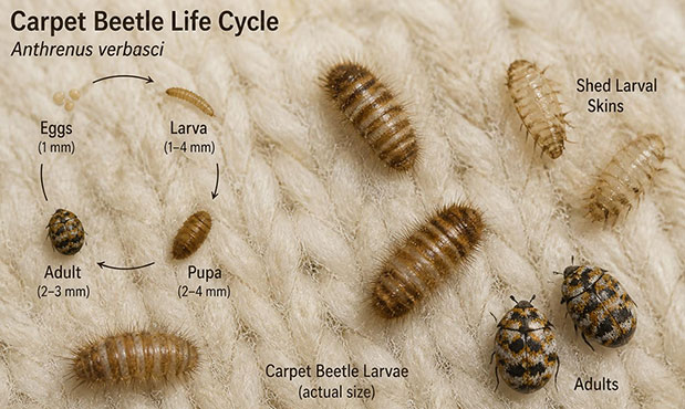 Carpet beetle life cycle showing eggs, larva, pupa and adult on a wool sweater