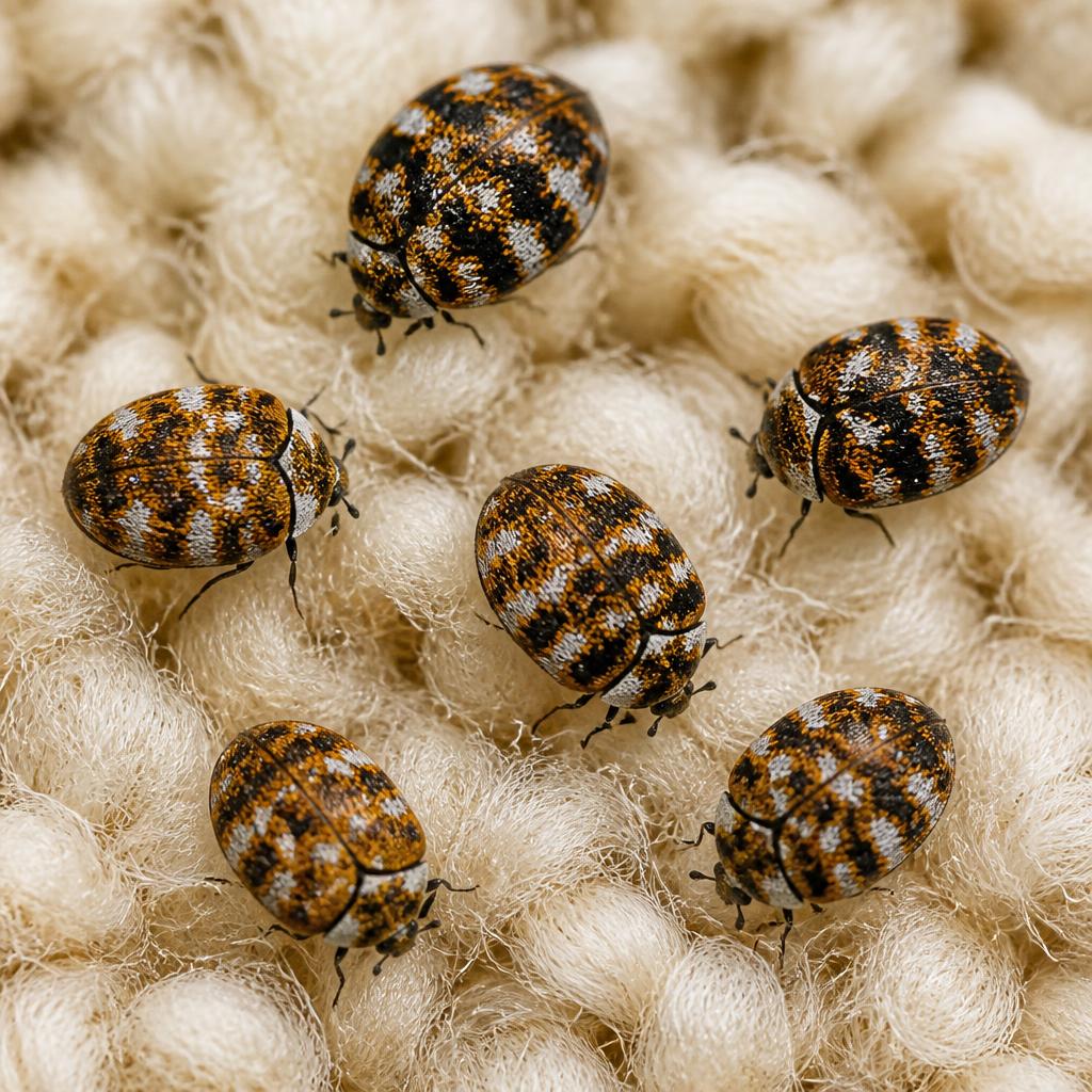 Adult carpet beetles on a light beige wool carpet fiber, close-up