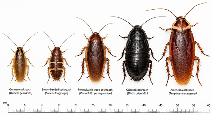 Side-by-side comparison of the five most common cockroach species found in Toronto homes - German, Brown-banded, Pennsylvania wood, Oriental, and American cockroach
