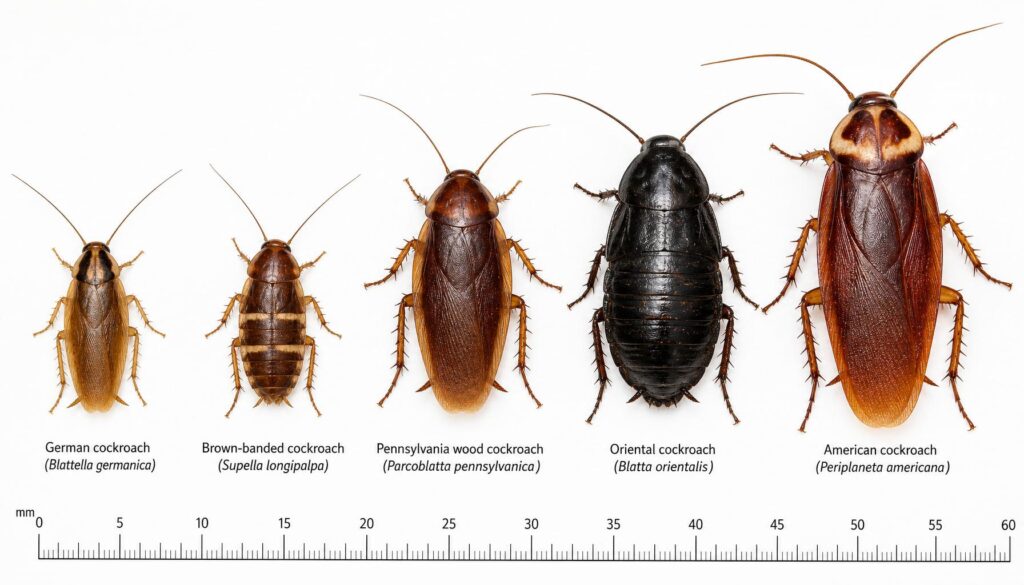 Side-by-side comparison of the five most common cockroach species found in Toronto homes — German, Brown-banded, Pennsylvania wood, Oriental, and American cockroach