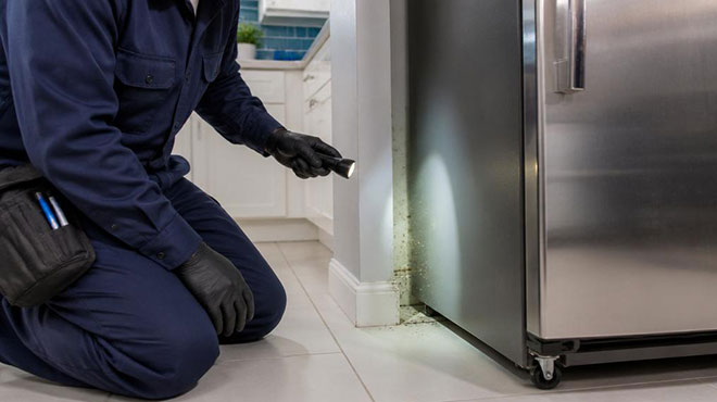 A Swift-X technician inspecting and treating the narrow gap behind a refrigerator with a flashlight - a common cockroach hiding spot in Toronto kitchens