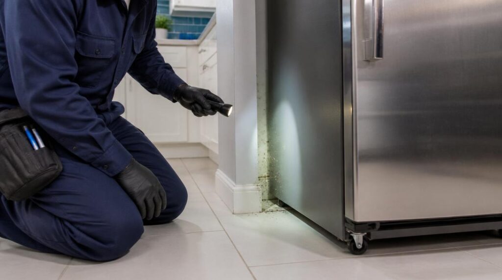 A Swift-X technician inspecting and treating the narrow gap behind a refrigerator with a flashlight - a common cockroach hiding spot in Toronto kitchens