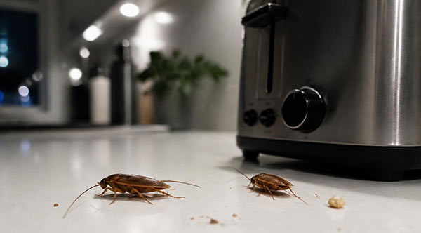 Two German cockroaches on a Toronto kitchen counter at night - a typical sight when an infestation has grown beyond the early stage