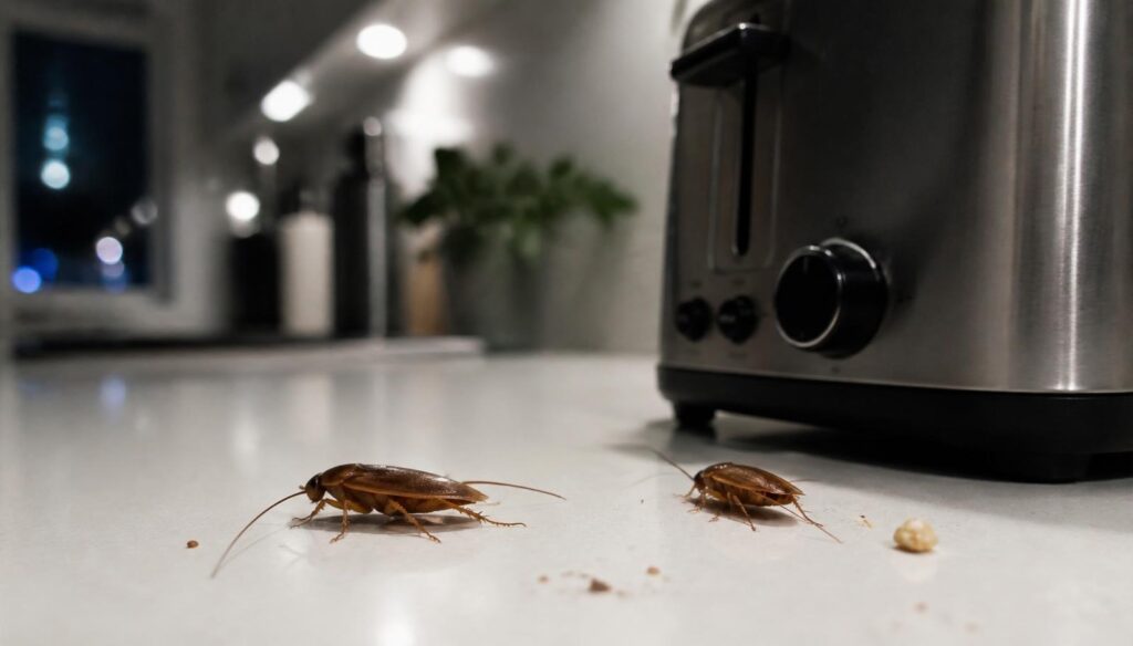 Two German cockroaches on a Toronto kitchen counter at night — a typical sight when an infestation has grown beyond the early stage