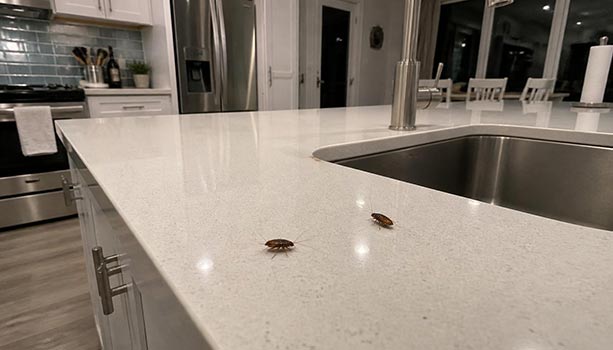 Cockroaches on a kitchen counter at night with the lights on
