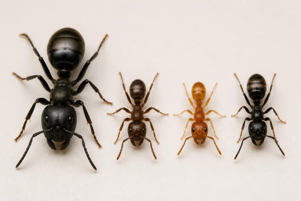 Side by side comparison of the common ant types in Toronto