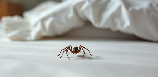 Small brown house spider on a white bed sheet in a Toronto bedroom