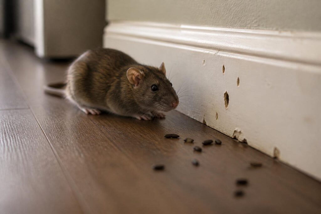 rat near a baseboard with droppings