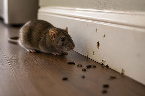 Rat near a baseboard with droppings