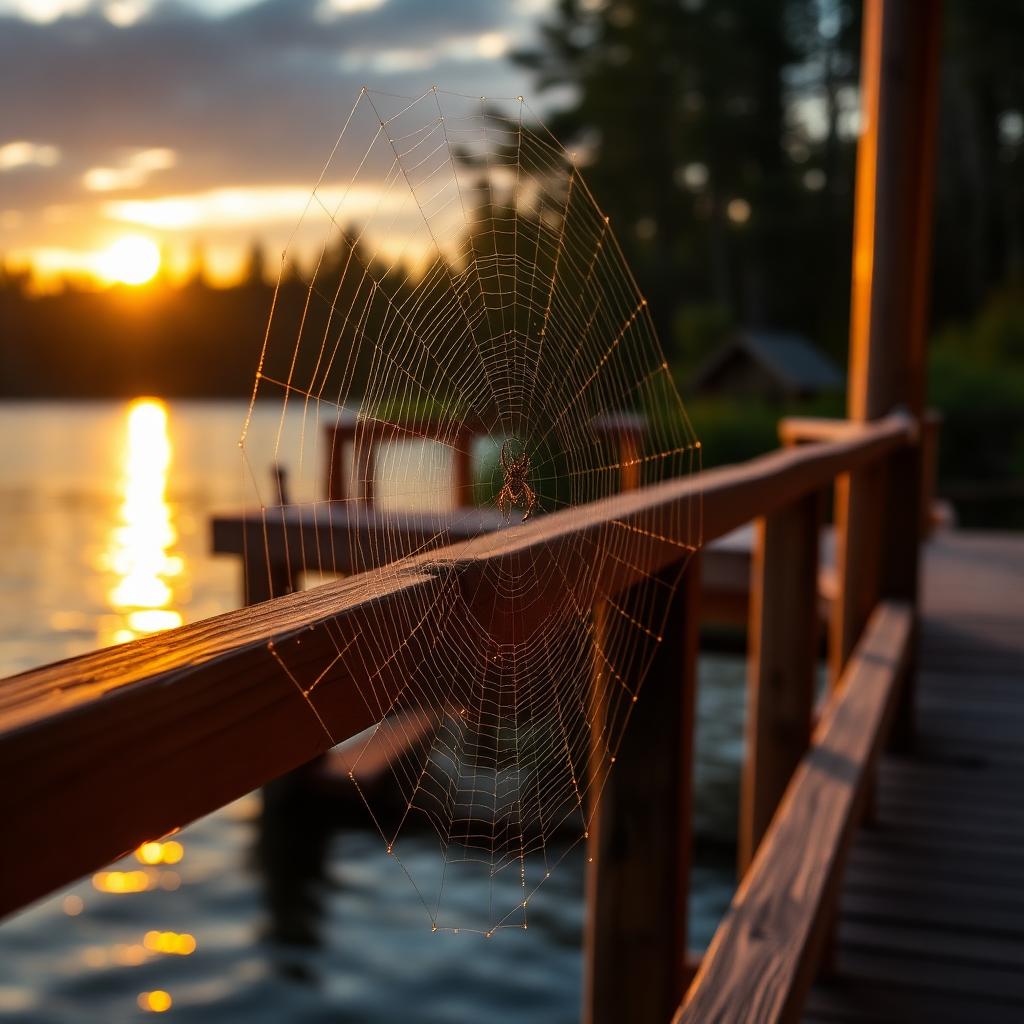 spider web on a cottage patio dock