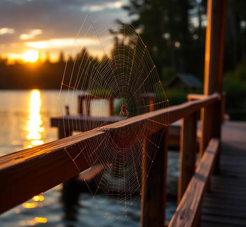 Spider web on a cottage patio dock