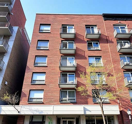 Exterior of a mid-rise Toronto brick apartment building with balconies