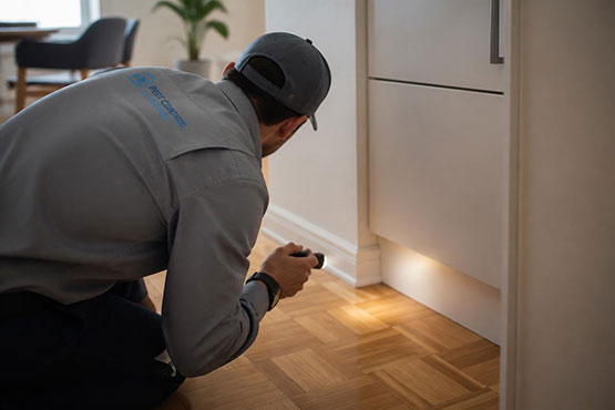 Pest control technician inspecting an apartment hallway with a flashlight