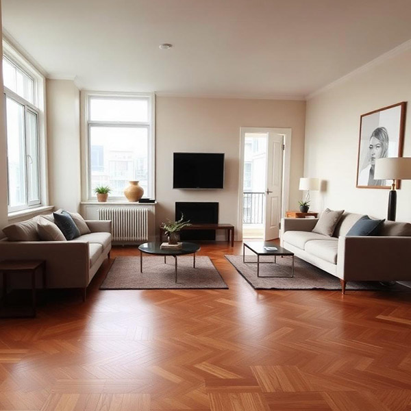 Toronto apartment living room with classic herringbone parquet flooring