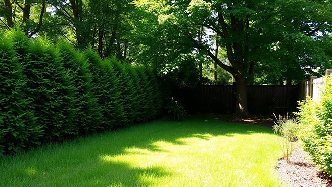 GTA backyard with cedar hedges and shaded leaf litter - prime tick habitat