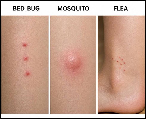 Side-by-side comparison of bed bug bites, a mosquito bite, and flea bites on human skin