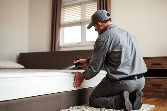 Swift-X pest control technician inspecting a mattress seam for bed bugs in a Toronto bedroom.