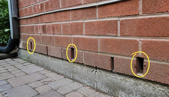 Brick weep holes marked as wasp entry points on a Toronto home