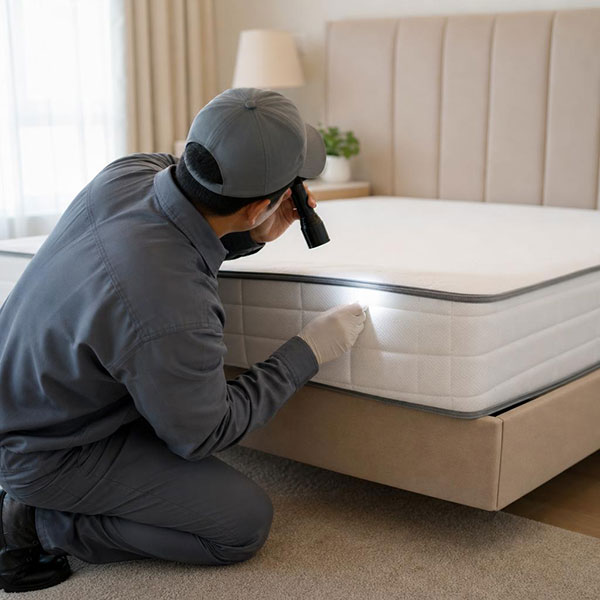 Professional pest control technician inspecting a mattress seam for bed bugs in a Toronto home