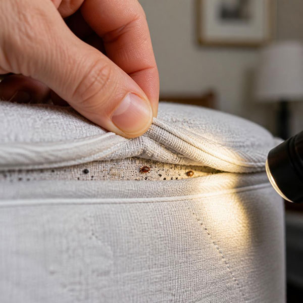 Close-up flashlight inspection of a mattress seam showing a bed bug and fecal spots
