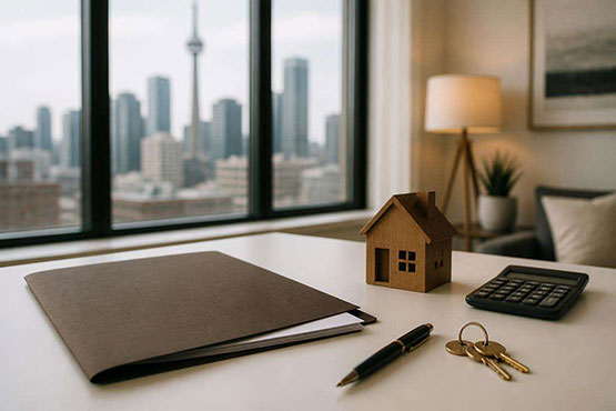 Landlord or property manager desk with lease folder, keys, and Toronto skyline