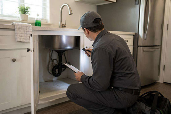 pest control technician from behind inspecting under a kitchen sink and writing a detailed report on a clipboard