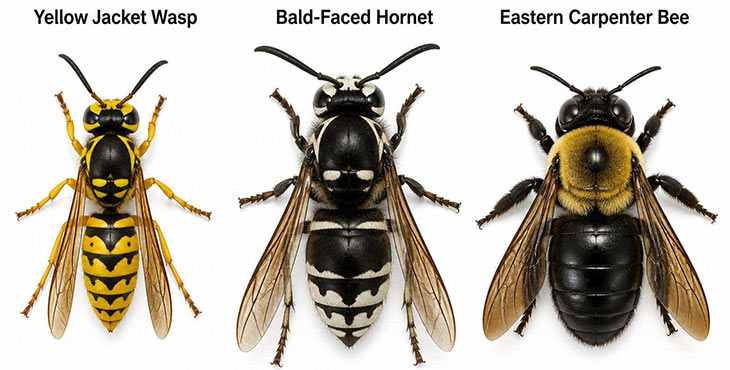 Side by side comparison of a yellow jacket wasp, bald-faced hornet, and carpenter bee