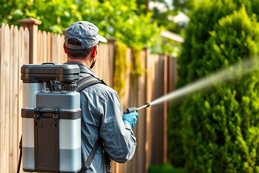 Swift-X technician spraying a backyard fence line and cedar hedge for ticks