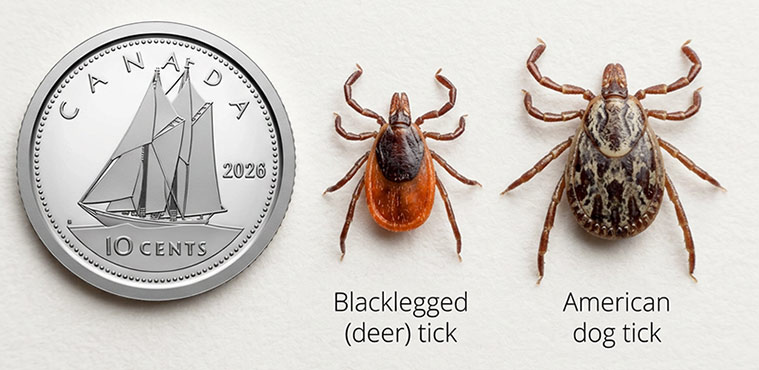 Close up comparison of a deer tick vs dog tick, next to a Canadian dime