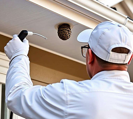 Swift-X technician treating a wasp nest under a Toronto home's soffit