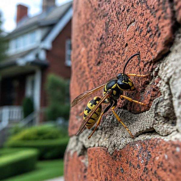 Close up of wasp on exterior brick