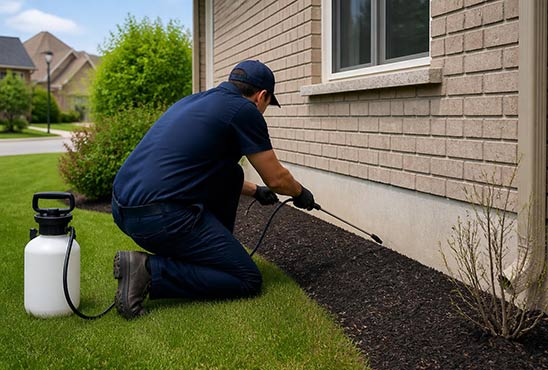 Pest control technician applying a perimeter treatment along a home's foundation and mulch bed for earwigs