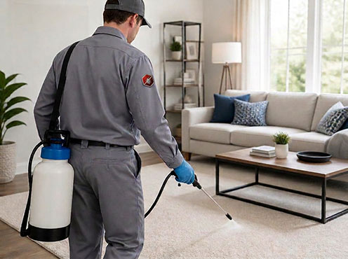 Professional pest control technician treating carpets for fleas in a Toronto home