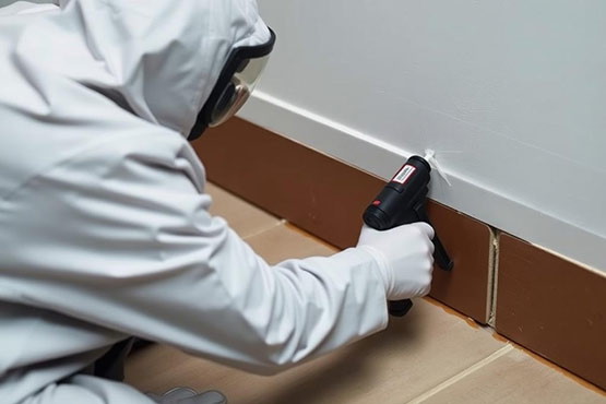 Pest control technician sealing baseboard cracks to stop house centipedes from entering walls