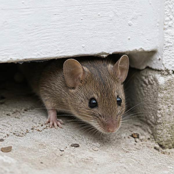 House mouse squeezing through a gap at the base of a residential foundation wall
