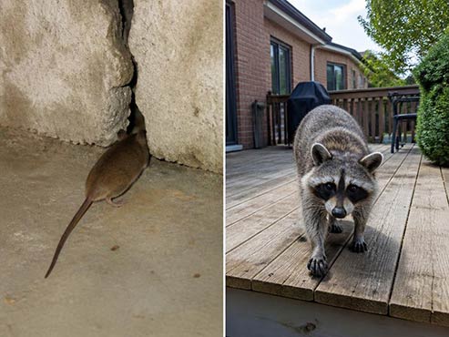 Mouse and raccoon illustration showing how wildlife spreads fleas into homes without pets