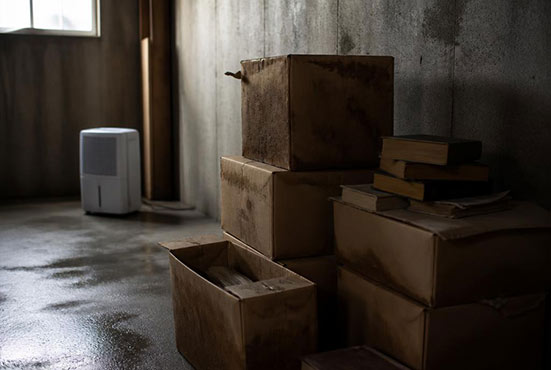 Damp basement storage corner with water-stained cardboard boxes and old books — ideal conditions for silverfish in a Toronto home
