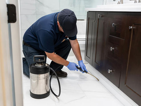 Swift-X pest control technician applying a crack-and-crevice silverfish treatment along a bathroom baseboard in Toronto