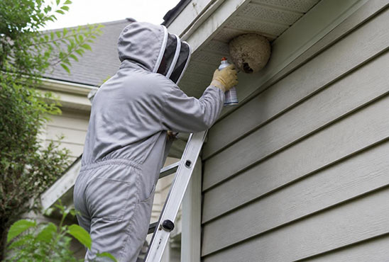 Pest control technician in a protective bee suit treating a wasp nest under a house eave from a ladder