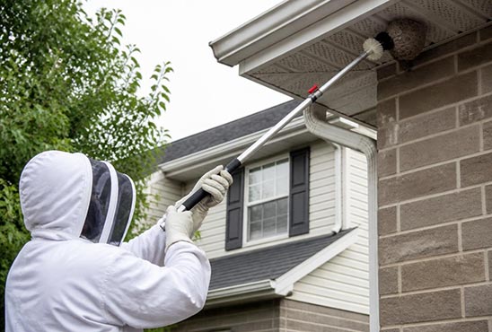 Swift-X pest control technician treating a yellowjacket nest on a Toronto property