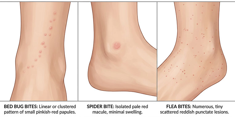 Comparison of bed bug bites in a line, a single spider bite, and scattered flea bites around an ankle
